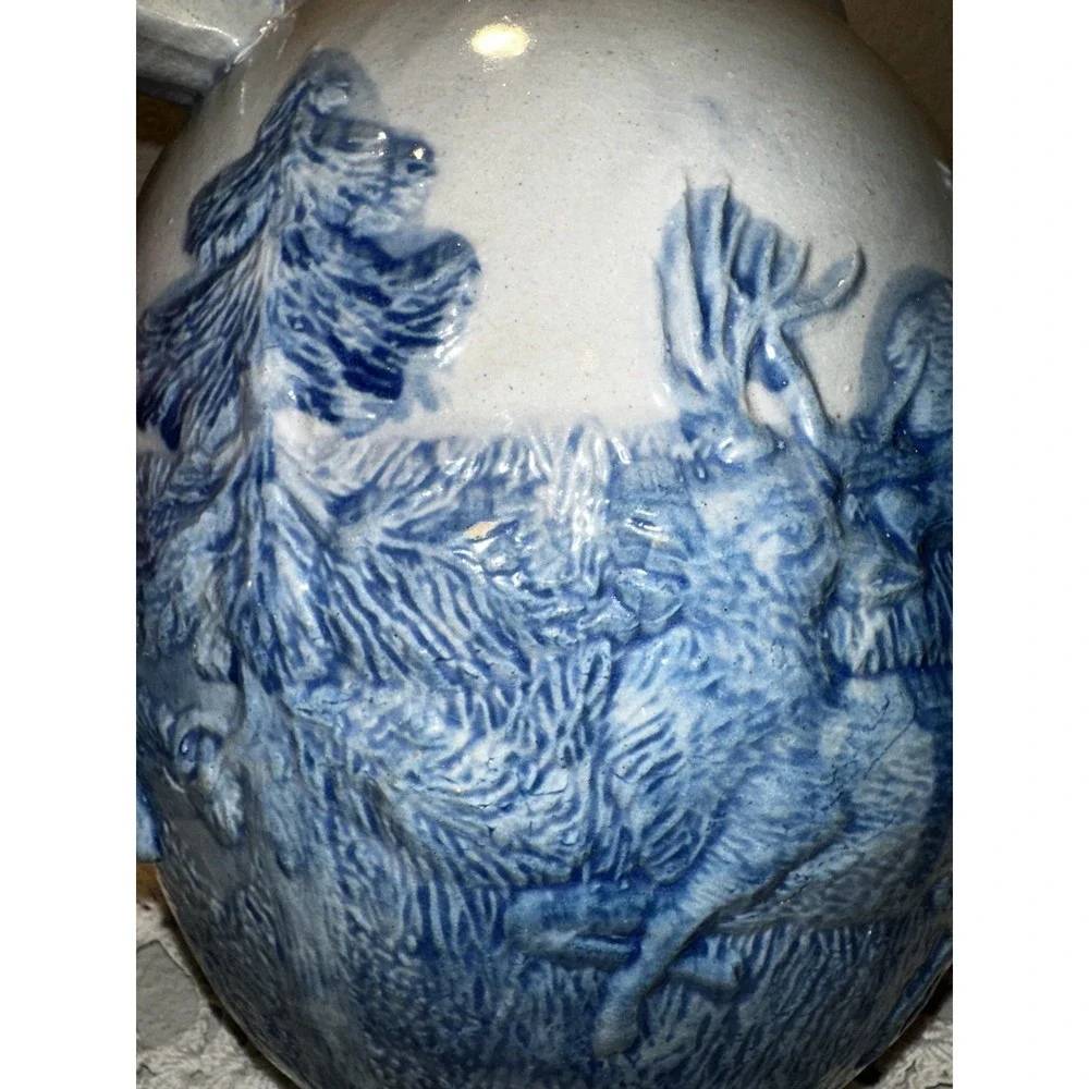 Antique Krenning Glass Co St Louis Blue Gray Stonewear Hunting Scene Pitcher